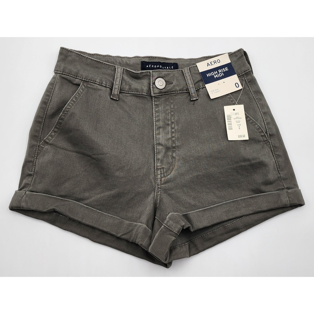 Aeropostale High Rise Midi Shorts Womens 0 Olive Green NWT Rolled Cuff Stretch